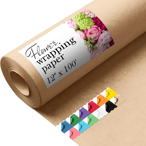 Paclord Flower Wrapping Kraft Paper, 12 x 1200 (100 ft), 45 lbs Thickness – Brown Paper Roll for Bouquet Wrapping, Floristic Shops, and Flower Decorations