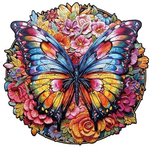 Jigfoxy Holzpuzzle Erwachsene, Schmetterling und Blumen Wooden Puzzle Holz Puzzle Erwachsen Und Kinder, Einzigartiges Lernspielzeug in Tierform für Freunde der Familie L-34 * 33.3cm-300pcs
