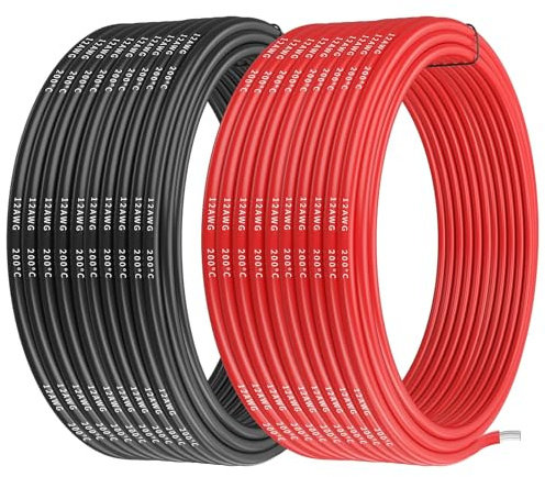 Gruiqrd 12 Gauge Silikondraht, 12AWG Elektrokabel 32,8 ft/10 m, 16,4 ft/5 m schwarz und 16,4 ft/5 m rot, flexible 680 Stränge 0,08 mm verzinnter Kupfer-Hochtemperaturdraht für RC-Auto-, Marine- und
