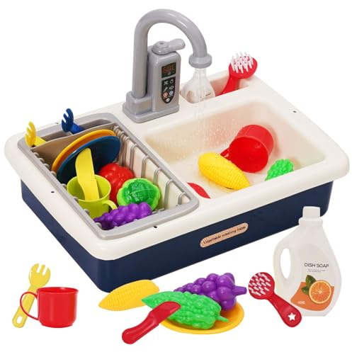 Kids Kitchen Play Sink Toy Set Pretend Role Play Kitchen Toys Kitchenware Toy Set with Running Water Cycle System,Play Food and Cutting Play for Boys Girls 3 4 5 6 7 Years Old(Blue)
