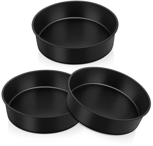 Herogo 8 Inch Non-Stick 20cm Stainless Steel Small Round Cake Tin Set of 3 | Cake Pan for Birthday Wedding Layer Desserts, Stainless Steel Core & Non-Toxic Coating, One-Piece Design & 5cm Deep - Black