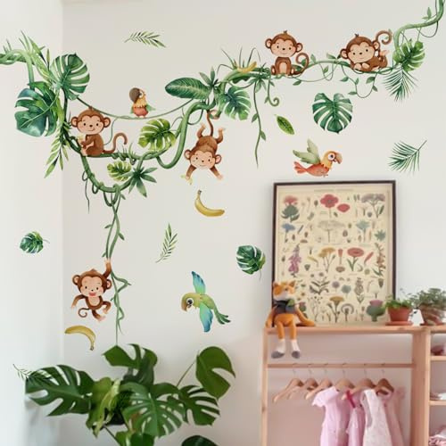 WandSticker4U®- XXL Wandtattoo AFFEN DSCHUNGEL Kinderzimmer (143x111 cm) I Baby Wandsticker Waldtiere Safari Tiere Affe Reben Blätter grün I Wandaufkleber Babyzimmer Deko Mädchen & Junge GROß