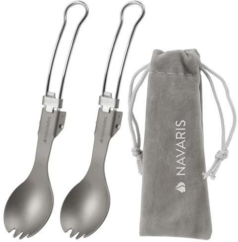 Navaris Faltbarer Titan Spork 2er Set - Ultraleichtes und Robustes Campingbesteck - Klappbares Titan Göffel Campingbesteck