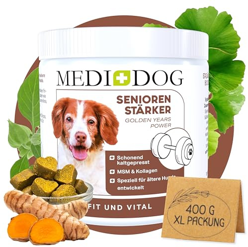 MEDIDOG Seniorenstärker – 400g – 14in1 Kraftpaket - kaltgepresste Drops - ältere Hunde, Unterstützung im Alltag, Gelenktabletten, Magen&Darm, Leber, Anti-Stress, getreidefrei ohne Konservierungsstoffe
