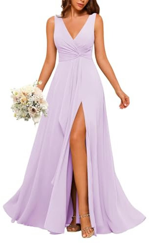 HPPEE Abito da damigella d'onore da donna in chiffon con scollo a V per matrimonio con fessura increspata una linea formale, Lilla, 24 Più