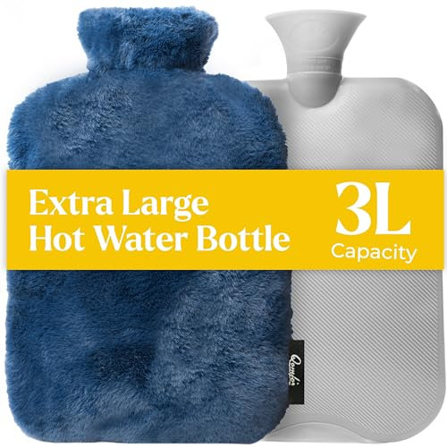 Qomfor hot water bottle XXL with premium faux fur cover - blue
