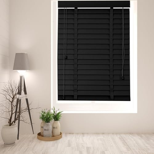 Jalousie Holzjalousie Horizontalerplissee Sichtschutz Fensterdecor 50mm Holz Lamellenvorhang Blendschutz Sonnenschutz Plissee für Fenster und Türen(Schwarz)