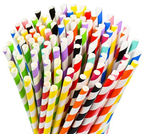 Lives on Green Cannucce di carta usa e getta a righe colorate, 10 colori assortiti, compostabili, per cocktail, feste, cake pop, artigianato, confezione da 100 pezzi