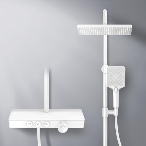 EMKE Duschsystem mit Thermostat, regendusche mit thermostat, 30x20cm Duschset, Brauseset Handbrause mit 3 Strahlstärken, Regendusche Duschsystem mit Glasablage, KTW Zertifizieren, MattWeiß