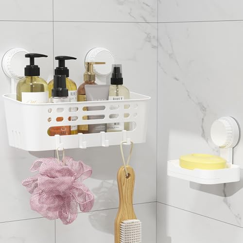 Lifewit Suction Cup Shower Caddy + Soap Dish, Removable 10.8 inch Bathroom Shelf Basket and Bar Soap Holder for Inside Shower, No-Drilling Bathroom Organizers and Storage Rack for Shampoo Soap, 1 Set