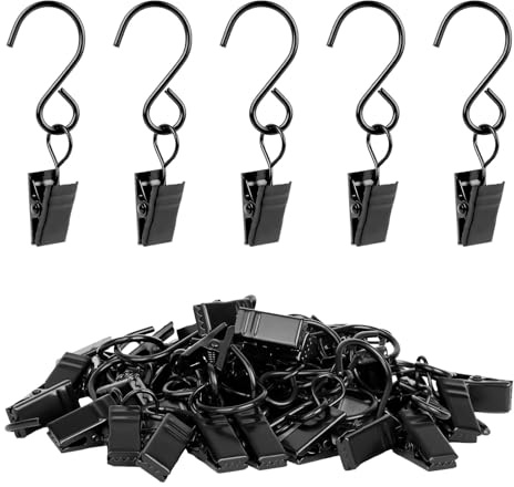 45 Stück Gardinen Clips mit S-Haken, 304 Edelstahl Metall Vorhang Klammern für Vorhänge, Duschvorhänge, Fotos, Home Dekoration, Hängende Vorhang Clips für Schlafzimmer und Wohnzimmer (6cm,Schwarz)