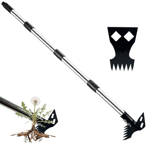 Unkrautstecher , Löwenzahnstecher, Unkraut Entferner Gerät, mit 1.48m Rostfreie Stähle Stiel, Unkrautzieher, Aufrecht Stehender Unkrautentferner, 2 in 1 Manuelle Unkrautharke und Gartenhacke (Schwarz)