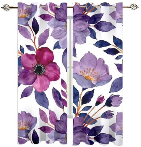 KBDQGX Tende Camera Da Letto Finestra Oscuranti Moderna 2 Pezzi 140X160Cm Fiori Viola Ad Acquerello Tende Oscuranti Per Interni Soggiorno Cucina Con Occhielli Tenda Oscurante Finestra Per Bambini