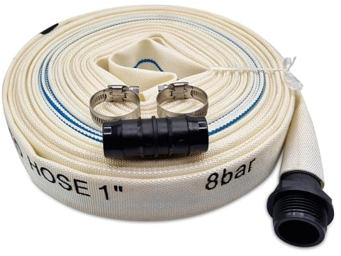 MYPURECORE Heavy Duty Layflat Discharge Hose Pipe Set – 10m / 15m / 20m / 30m x 25mm – 8 Bar High Pressure Nylon Water Pump Hose with Joiner, Clips & Pond Connector – Flood, Drainage Use (15m)