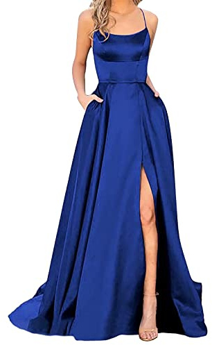 Damen Elegant Lange Abendkleider mit Taschen Satin A-Linie Backless Ballkleider Abschlusskleid Sexy Neckholder Brautjungfer Kleid