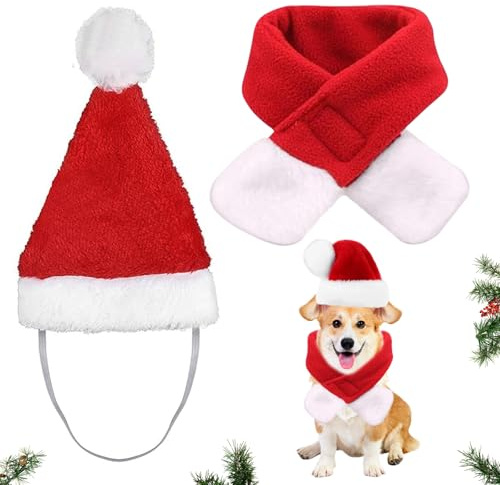 Weihnachtsmütze Hund, 2-in-1 Hunde Weihnachtskostüm Klein mit Schal Weihnachtsmütze, Rot Weihnachtskostüm Katze, Nikolausmütze Hund Santa Mütze für Kleine Katzen Hunde