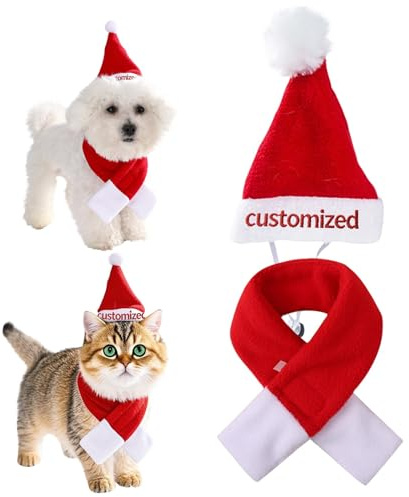 Weihnachtsmütze für Katzen mit Schal, Weihnachtsoutfit für Hunde, personalisierbar, mit Schal und Stickerei