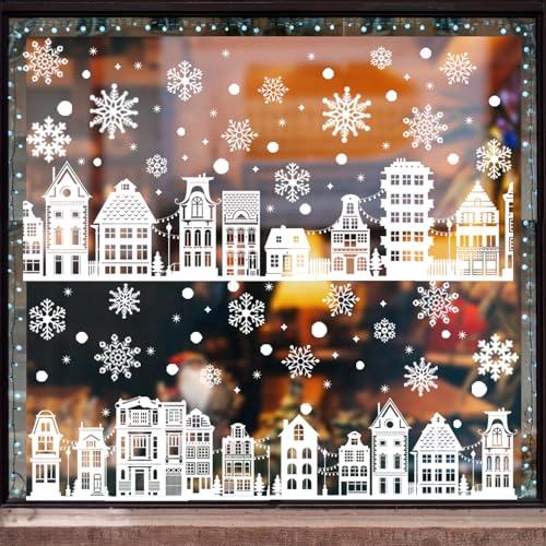 Fensterbilder Weihnachten Selbstklebend, Weihnachtsdeko Innen Weihnachtsdeko Fenster PVC Weihnachts Fensterbilder Doppelseitig Weißes Häuser Schneeflocken, Weihnachten Winter Fenster Deko