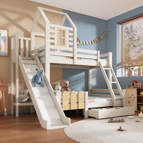 Bunk Beds for Kids, Wooden House Bed with Ladder & Slide & Storage Drawer, Twin Sleeper Loft Cabin Bed Frame with Guard Rail & Slats, Tree House Children's Canopy Storage Beds, White, No Mattress