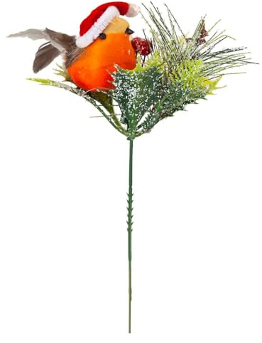 VFM e-Store - Christmas Pine Pick With Robin Decoration Festive Indoor Xmas Ornaments - 19cm X 17cm Red X 1