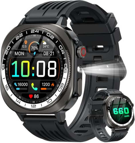 Military Smart Watch for Men(Answer/Make Calls), 1.43 AMOLED Fitness watch with 660 mA Battery, Flashlight/Heart Rate/SpO2/Sleep Monitor, 130+ Sports Modes, IP68 Waterproof Smartwatch for iOS Android