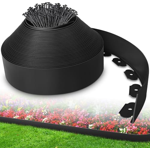 Flexible Rasenkante Kunststoff, 10m mit 50 Erdanker, Unsichtbare Beetbegrenzung Beeteinfassung Beetumrandung- 50mm Schwarz-Vielseitige Beeteinfassungen für Gärten und Rasenflächen