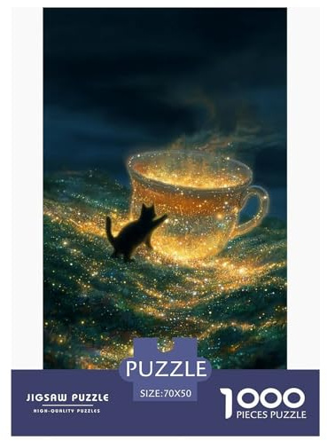Chat Enchanté et Tasse Lumineuse Puzzles 1000 Pièces Jeu De Défi Jouet Adultes Et Plus De 12 Ans Jeu De Puzzle Défi Éducatif Loisirs Plaisir Cadeau Décoration Maison 70x50cm/1000pcs