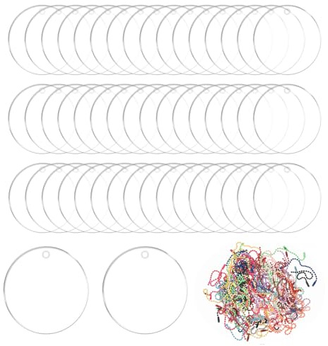 50 pezzi di etichette acriliche per portachiavi grezzi, 5 cm di disco acrilico rotondo con foro, disco acrilico trasparente rotondo in plexiglas per immagini, pittura fai da te, artigianato fai da te