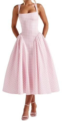 XIEHYA Abito a Corsetto Senza Maniche da Donna, Stampa Scozzese Estiva, Festa a Trapezio Schienale for Vacanze, Cocktail, Spiaggia, Streetwear per Party(Pink,M)