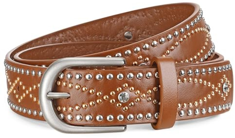 WHIPPY Damen Nieten Gürtel Retro Nietengürtel mit silberner Schnalle Rock Punk Gürtel für Jeans Hosen, Braun,130cm