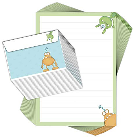 Briefpapier-Set für Kinder MONSTER 20 Blatt DIN A4 mit Linien inklusive 20 bedruckten Umschläge/Briefpapier Kinder/Briefpapier Jungs