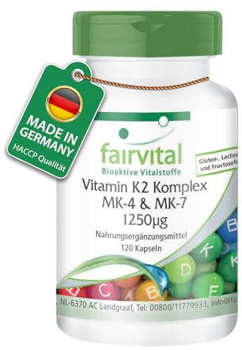 Fairvital | Vitamin K2 Komplex MK-4 & MK-7-1250mcg K2 pro Kapsel - 120 Kapseln - HOCHDOSIERT - VEGAN - MK-7