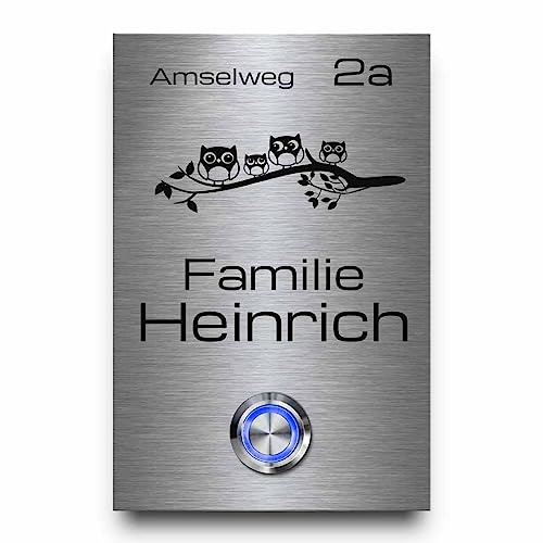 Türklingel aus rostfreiem Edelstahl mit personalisierter Gravur - Modell Heinrich 8x12 cm |Klingelschild für die Haustür mit beleuchtetem Klingelknopf