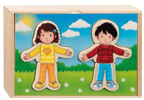 Anziehpuppenpuzzle Junge und Mädchen im Holzkasten: 13 x 21 x 4,2 cm, Holz, 12 Motive, 36 Teile, per Stück