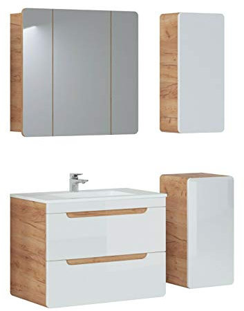 Badmöbel Set Aruba-Weiss/Eiche-S 80 Badmöbel Set mit Waschbecken Badmöbelset Waschtisch Spiegelschrank Unter- Hängeschrank