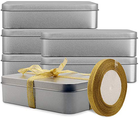 Coobbar Empty Metal Tins Box with Lid,6 Pack Stainless steel Tins Cans Storage Container for Treats, Gifts, Candle, Favors and Crafts, Silver (7 x 4.3 x 1.57 Inches)