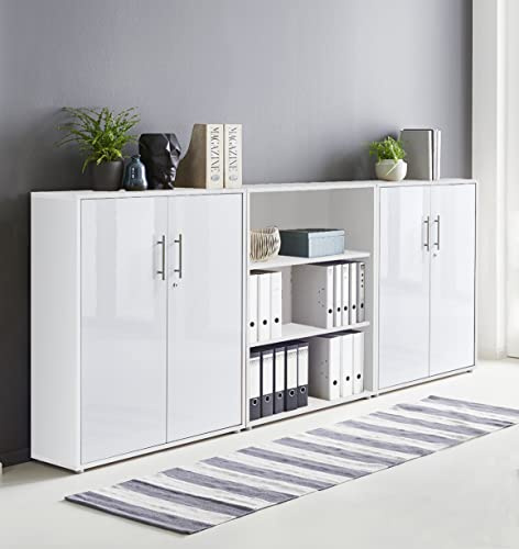 Schrankwand TABOR 9 Büroregal Aktenschrank Büroschrank abschließbar in diversen Farbvarianten (weiß/weiß Hochglanz, 4-türig)