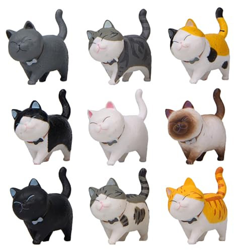 Greyoe Katzenfiguren Dekorationsstück, 9 Stück Tierfiguren Katze Dekorationsstück Lehrreich Katzenfiguren Miniatur Katze für Katzenliebhaber Home Auto Dekor
