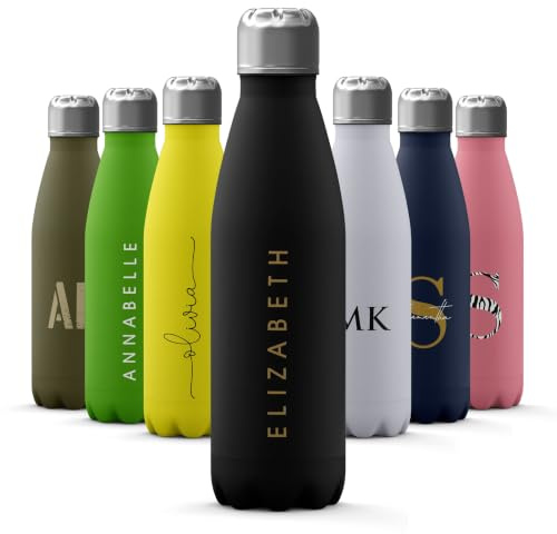 Tirita Personalised Water Bottle - Thermal Travel Flask for Hot & Cold Drinks - Insulated Stainless Steel Bottle - Gym, Office, School - 500ml [02- Name in Gold]