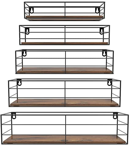 HORLIMER Floating Shelves for Wall Set of 5, Wooden Wall Shelves with Bars, Rustic Wall mounted Shelves or Kitchen, Bathroom, Bedroom, Living Room