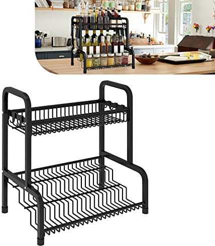 LZQ Estantería para especias de pie, 4 niveles, estante para especias con 8 ganchos, organizador de especias para botellas de aceite, botellas de especias, vasos, encimera de cocina