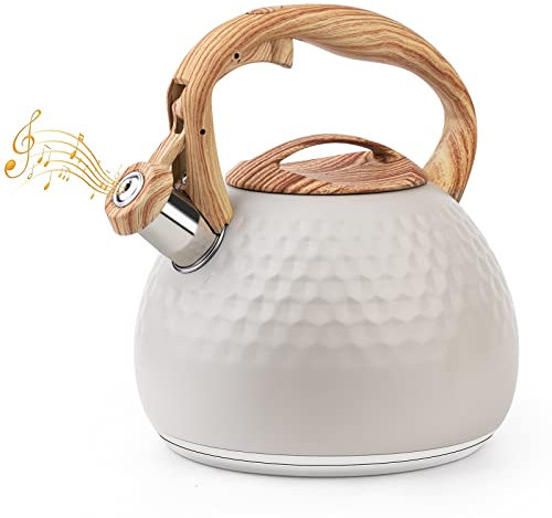 ERWEY 3L Bouilloire moderne à induction, Bouilloire sifflet en acier inoxydable pour toutes les plaques de cuisson, avec poignée en bois de rose pour thé & café, Blanc