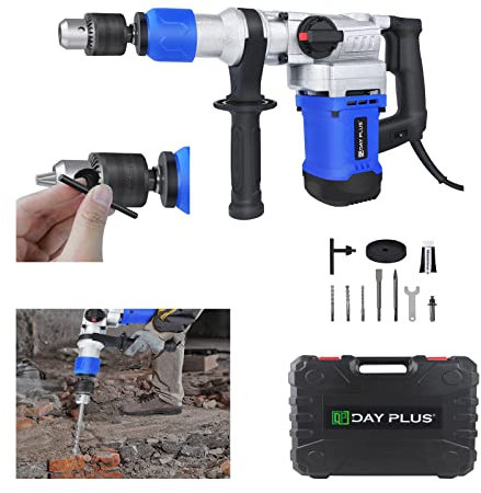Demolition Hammer Drill Breaker 2 Modes with 360° Rotating Side Handle, 800r/min and 4500RPM, for Ceramic Tiles, Floor Slab, 44 x 23 x 8 CM, Blue