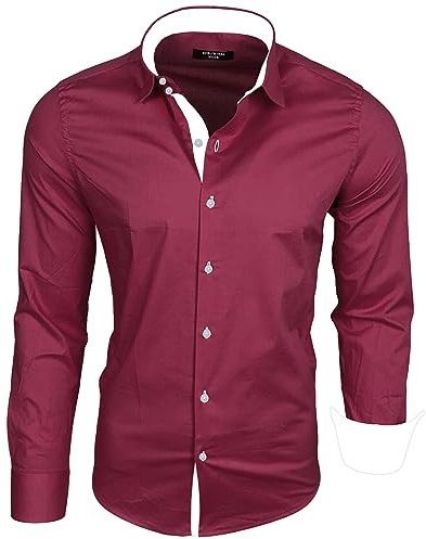 Subliminal Mode - Chemise Homme Coupe Ajuster Col et Manche Bicolore avec Un Repassage Facile Manches Longues Casual S500 Couleur Bordeaux Taille L