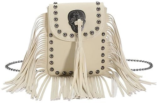 KEEPOP Umhängetasche mit Quasten Damen Weiches Leder Klein Fransentasche Mode Schultertaschen mit Nieten Böhmen Handtaschen