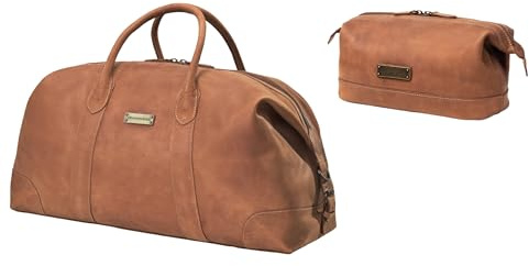DRAKENSBERG Set/2 Leder Weekender 'David' & Kulturbeutel 'Ruby' - Reisetasche Herren, Damen mit passender Kulturtasche - Cognac-Braun, DR-SET-909