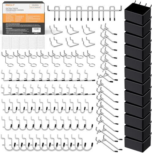 INCLY 170PCS 1/4 Inch Pegboard Hooks Kit, Extra Thick Heavy Duty Peg Board Organizer Accessories Assortment with Pegboard Bins & Peg Lock for Only 1/4 Pegboard Hanging Tools Garage Wall Attachment