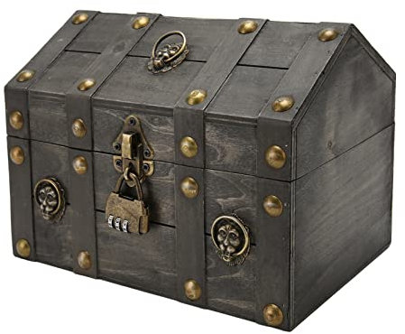 HOHXFYP Vintage Holzkisten mit Schloss, 9,4 Zoll Piraten Schatztruhe mit Mini Metallcode Schloss, Aufbewahrung und Dekorative Box, Schatz Schmucktruhe für Organisation, Dekoration