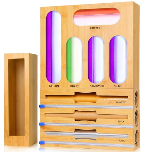 QPIX DIGITAL Aufbewahrungs-Organizer für Küchenschublade – 9-in-1 Bambusfolie und Kunststoff-Folienspender mit Schneider, kompatibel mit Sandwich- und Snackbeuteln