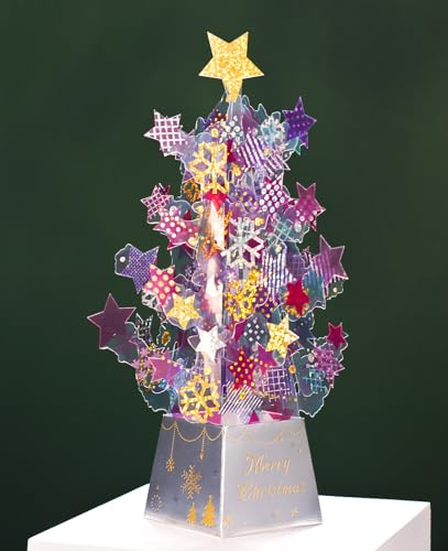 3D Weihnachtskarte,Pop-up Weihnachtsbaum Karte,Weihnachtsbaumschmuck,PVC Kristall Weihnachtsbäume mit kleinen Karte und Umschlag Rosa